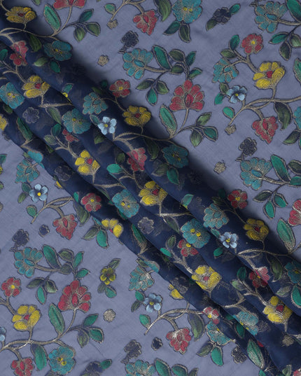 Steel Blue Multicolor Floral Embroidered Metallic Lurex Design Premium Silk Chiffon Fabric, 110 Cms Width, Made in South Korea-D25754