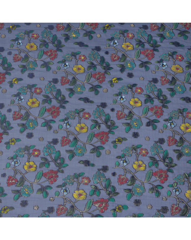 Steel Blue Multicolor Floral Embroidered Metallic Lurex Design Premium Silk Chiffon Fabric, 110 Cms Width, Made in South Korea-D25754