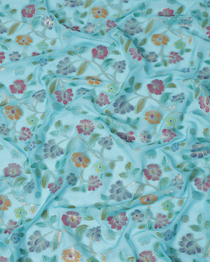 Aqua Blue Multicolor Floral Embroidered Metallic Lurex Design Premium Silk Chiffon Fabric, 110 Cms Width, Made in South Korea-D25748