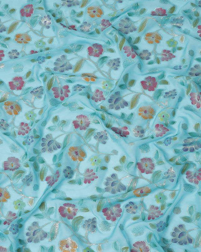 Aqua Blue Multicolor Floral Embroidered Metallic Lurex Design Premium Silk Chiffon Fabric, 110 Cms Width, Made in South Korea-D25748
