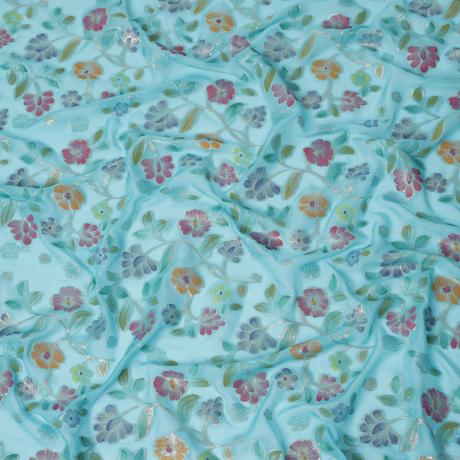 Aqua Blue Multicolor Floral Embroidered Metallic Lurex Design Premium Silk Chiffon Fabric, 110 Cms Width, Made in South Korea-D25748