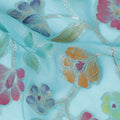 Aqua Blue Multicolor Floral Embroidered Metallic Lurex Design Premium Silk Chiffon Fabric, 110 Cms Width, Made in South Korea-D25748