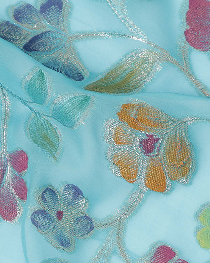 Aqua Blue Multicolor Floral Embroidered Metallic Lurex Design Premium Silk Chiffon Fabric, 110 Cms Width, Made in South Korea-D25748
