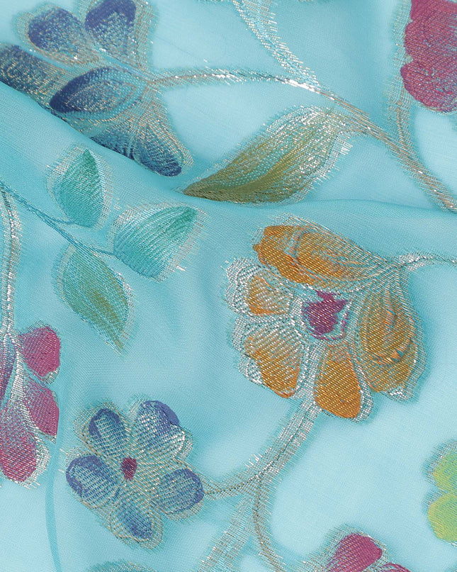 Aqua Blue Multicolor Floral Embroidered Metallic Lurex Design Premium Silk Chiffon Fabric, 110 Cms Width, Made in South Korea-D25748