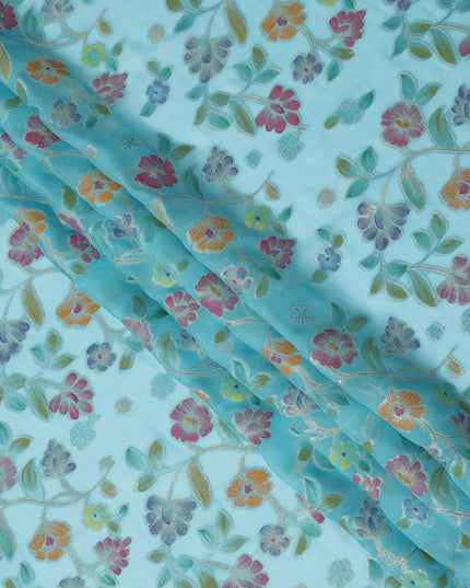 Aqua Blue Multicolor Floral Embroidered Metallic Lurex Design Premium Silk Chiffon Fabric, 110 Cms Width, Made in South Korea-D25748