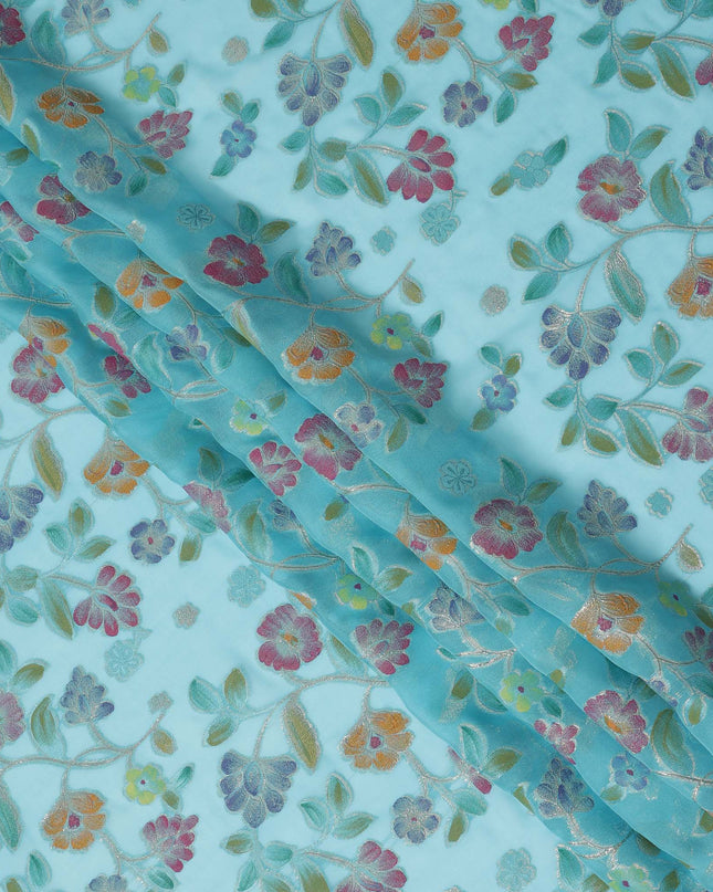 Aqua Blue Multicolor Floral Embroidered Metallic Lurex Design Premium Silk Chiffon Fabric, 110 Cms Width, Made in South Korea-D25748