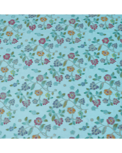 Aqua Blue Multicolor Floral Embroidered Metallic Lurex Design Premium Silk Chiffon Fabric, 110 Cms Width, Made in South Korea-D25748