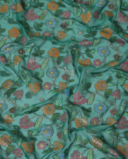 Emerald Green Multicolor Floral Embroidered Metallic Lurex Design Premium Silk Chiffon Fabric, 110 Cms Width, Made in South Korea-D25742