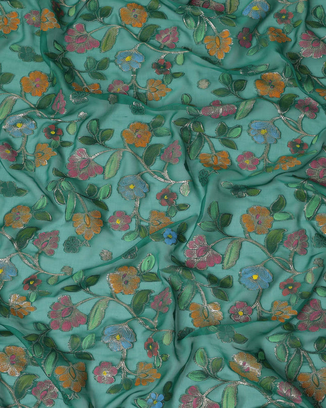 Emerald Green Multicolor Floral Embroidered Metallic Lurex Design Premium Silk Chiffon Fabric, 110 Cms Width, Made in South Korea-D25742