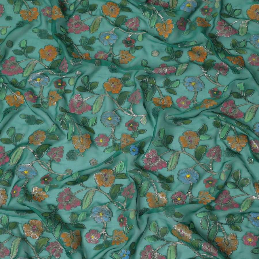 Emerald Green Multicolor Floral Embroidered Metallic Lurex Design Premium Silk Chiffon Fabric, 110 Cms Width, Made in South Korea-D25742