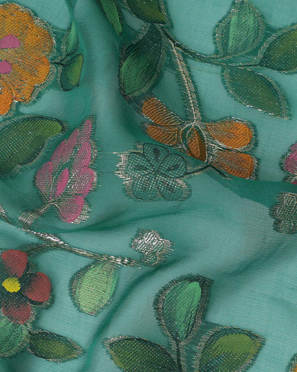Emerald Green Multicolor Floral Embroidered Metallic Lurex Design Premium Silk Chiffon Fabric, 110 Cms Width, Made in South Korea-D25742