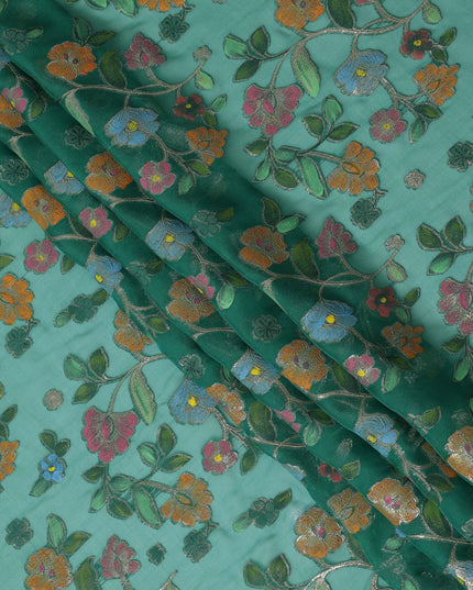 Emerald Green Multicolor Floral Embroidered Metallic Lurex Design Premium Silk Chiffon Fabric, 110 Cms Width, Made in South Korea-D25742