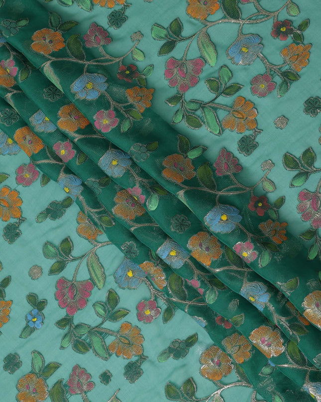 Emerald Green Multicolor Floral Embroidered Metallic Lurex Design Premium Silk Chiffon Fabric, 110 Cms Width, Made in South Korea-D25742