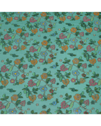 Emerald Green Multicolor Floral Embroidered Metallic Lurex Design Premium Silk Chiffon Fabric, 110 Cms Width, Made in South Korea-D25742