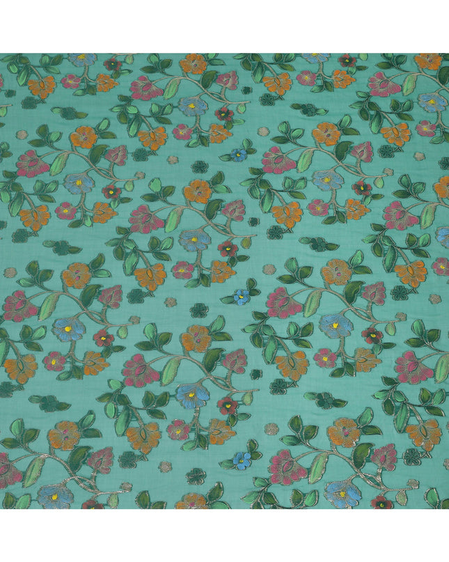 Emerald Green Multicolor Floral Embroidered Metallic Lurex Design Premium Silk Chiffon Fabric, 110 Cms Width, Made in South Korea-D25742
