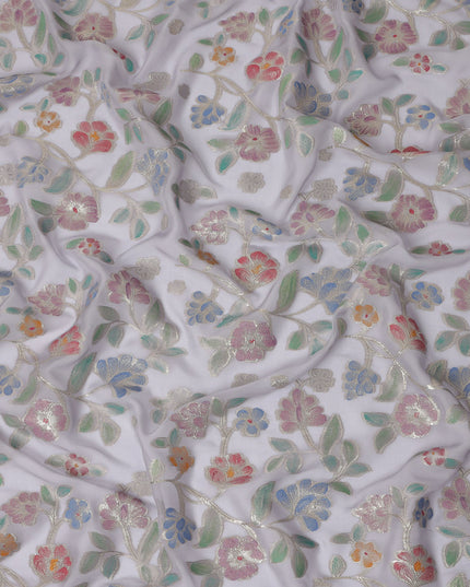 Pearl Grey Multicolor Floral Embroidered Metallic Lurex Design Premium Silk Chiffon Fabric, 110 Cms Width, Made in South Korea-D25744