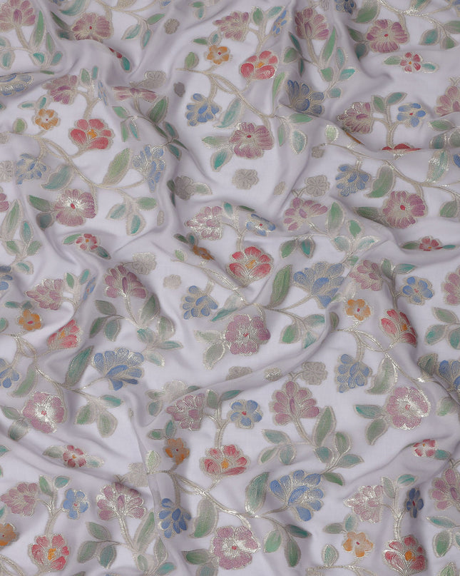 Pearl Grey Multicolor Floral Embroidered Metallic Lurex Design Premium Silk Chiffon Fabric, 110 Cms Width, Made in South Korea-D25744