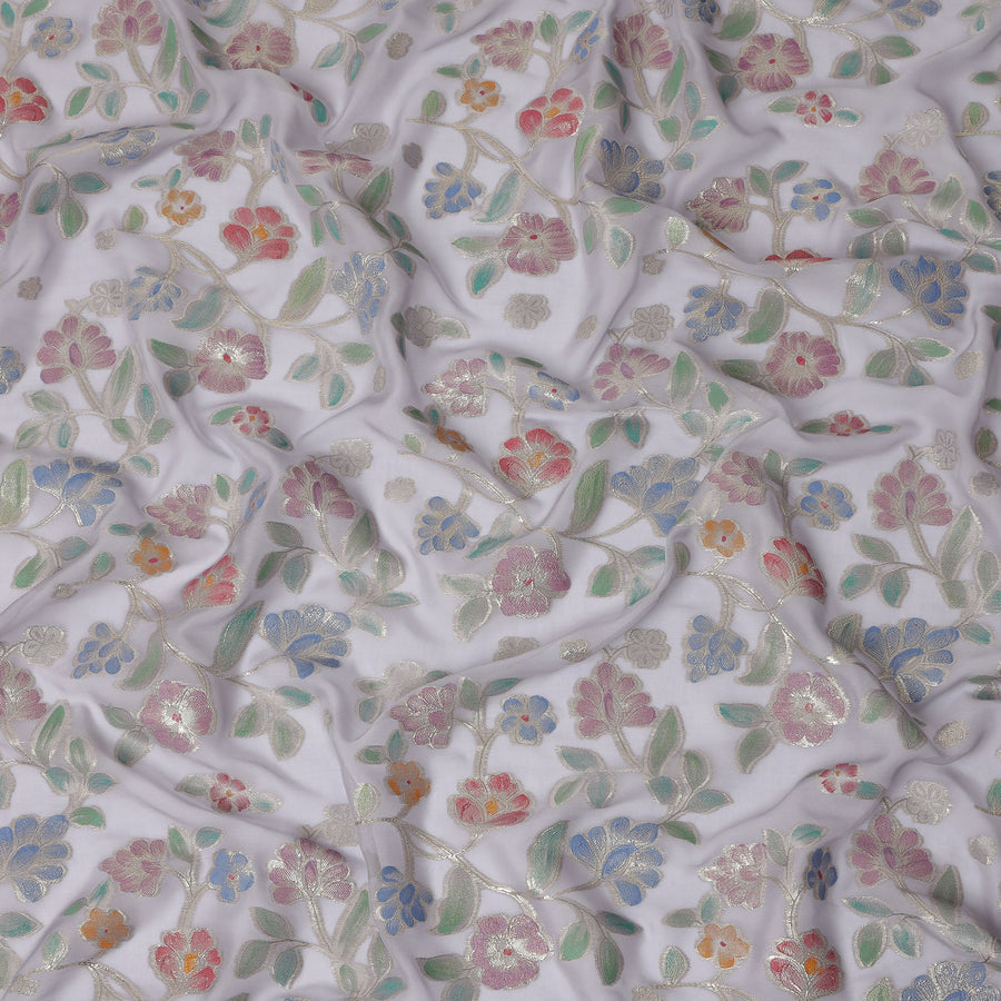 Pearl Grey Multicolor Floral Embroidered Metallic Lurex Design Premium Silk Chiffon Fabric, 110 Cms Width, Made in South Korea-D25744