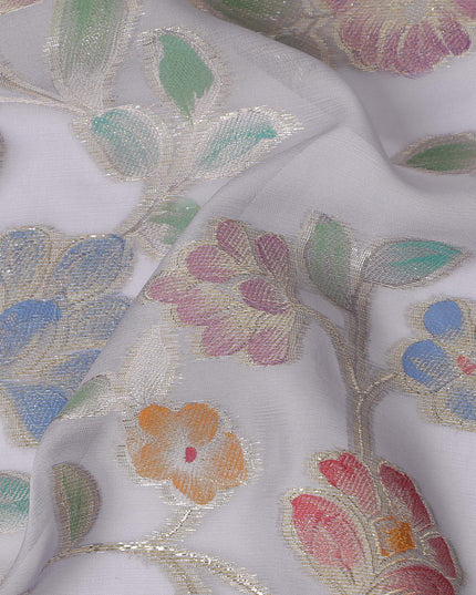 Pearl Grey Multicolor Floral Embroidered Metallic Lurex Design Premium Silk Chiffon Fabric, 110 Cms Width, Made in South Korea-D25744