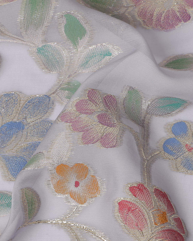 Pearl Grey Multicolor Floral Embroidered Metallic Lurex Design Premium Silk Chiffon Fabric, 110 Cms Width, Made in South Korea-D25744