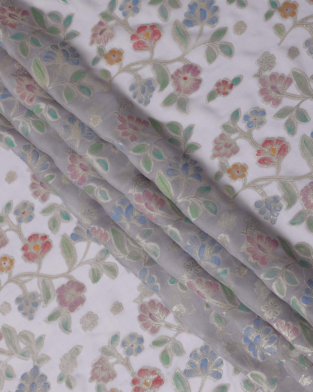 Pearl Grey Multicolor Floral Embroidered Metallic Lurex Design Premium Silk Chiffon Fabric, 110 Cms Width, Made in South Korea-D25744