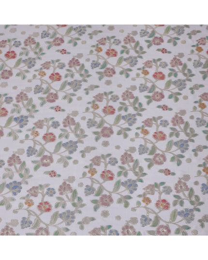 Pearl Grey Multicolor Floral Embroidered Metallic Lurex Design Premium Silk Chiffon Fabric, 110 Cms Width, Made in South Korea-D25744