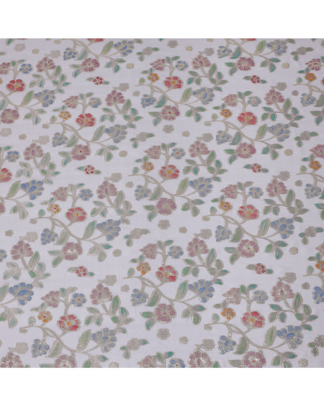 Pearl Grey Multicolor Floral Embroidered Metallic Lurex Design Premium Silk Chiffon Fabric, 110 Cms Width, Made in South Korea-D25744