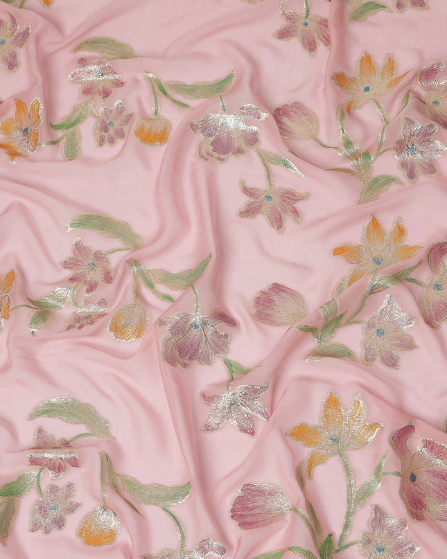 Baby Pink Floral Embroidered Metallic Lurex Design Premium Silk Chiffon Fabric, 110 Cms Width, Made in South Korea-D25753