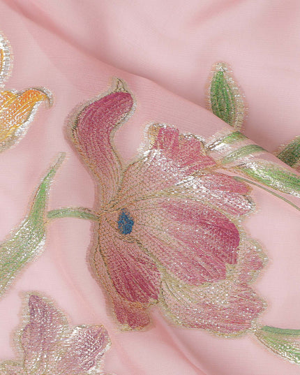 Baby Pink Floral Embroidered Metallic Lurex Design Premium Silk Chiffon Fabric, 110 Cms Width, Made in South Korea-D25753