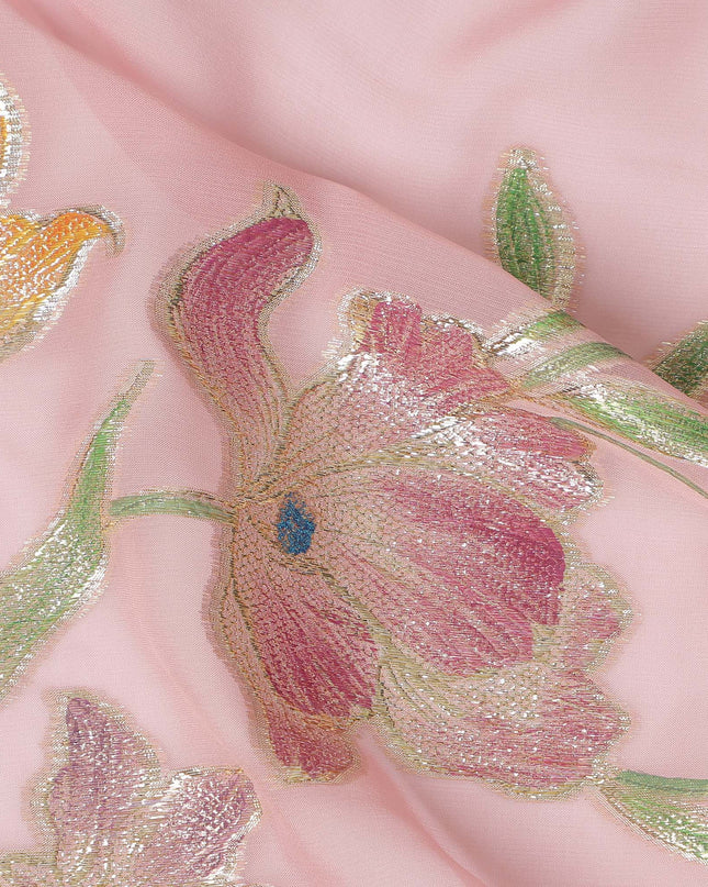 Baby Pink Floral Embroidered Metallic Lurex Design Premium Silk Chiffon Fabric, 110 Cms Width, Made in South Korea-D25753