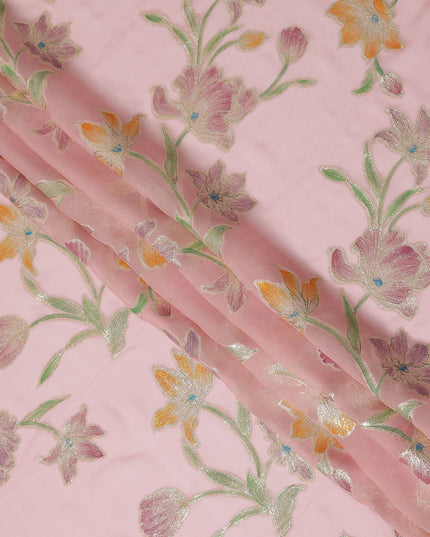 Baby Pink Floral Embroidered Metallic Lurex Design Premium Silk Chiffon Fabric, 110 Cms Width, Made in South Korea-D25753