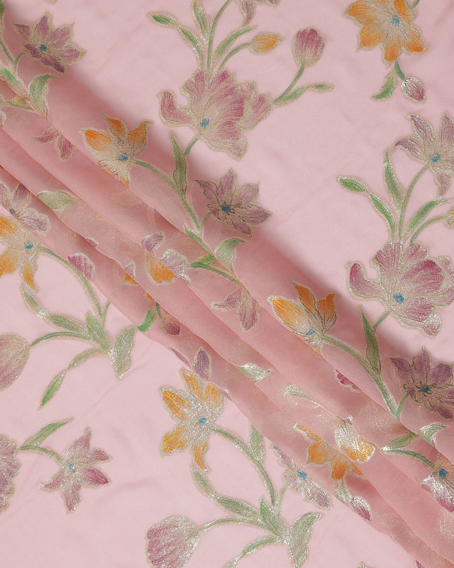 Baby Pink Floral Embroidered Metallic Lurex Design Premium Silk Chiffon Fabric, 110 Cms Width, Made in South Korea-D25753