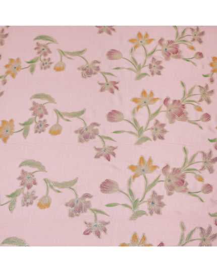 Baby Pink Floral Embroidered Metallic Lurex Design Premium Silk Chiffon Fabric, 110 Cms Width, Made in South Korea-D25753