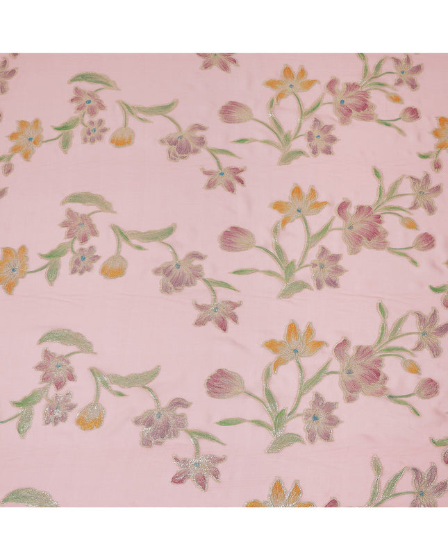 Baby Pink Floral Embroidered Metallic Lurex Design Premium Silk Chiffon Fabric, 110 Cms Width, Made in South Korea-D25753