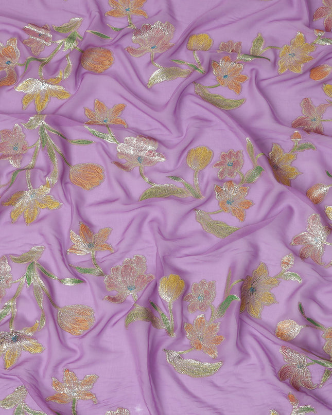Lavender Floral Embroidered Metallic Lurex Design Premium Silk Chiffon Fabric, 110 Cms Width, Made in South Korea-D25751
