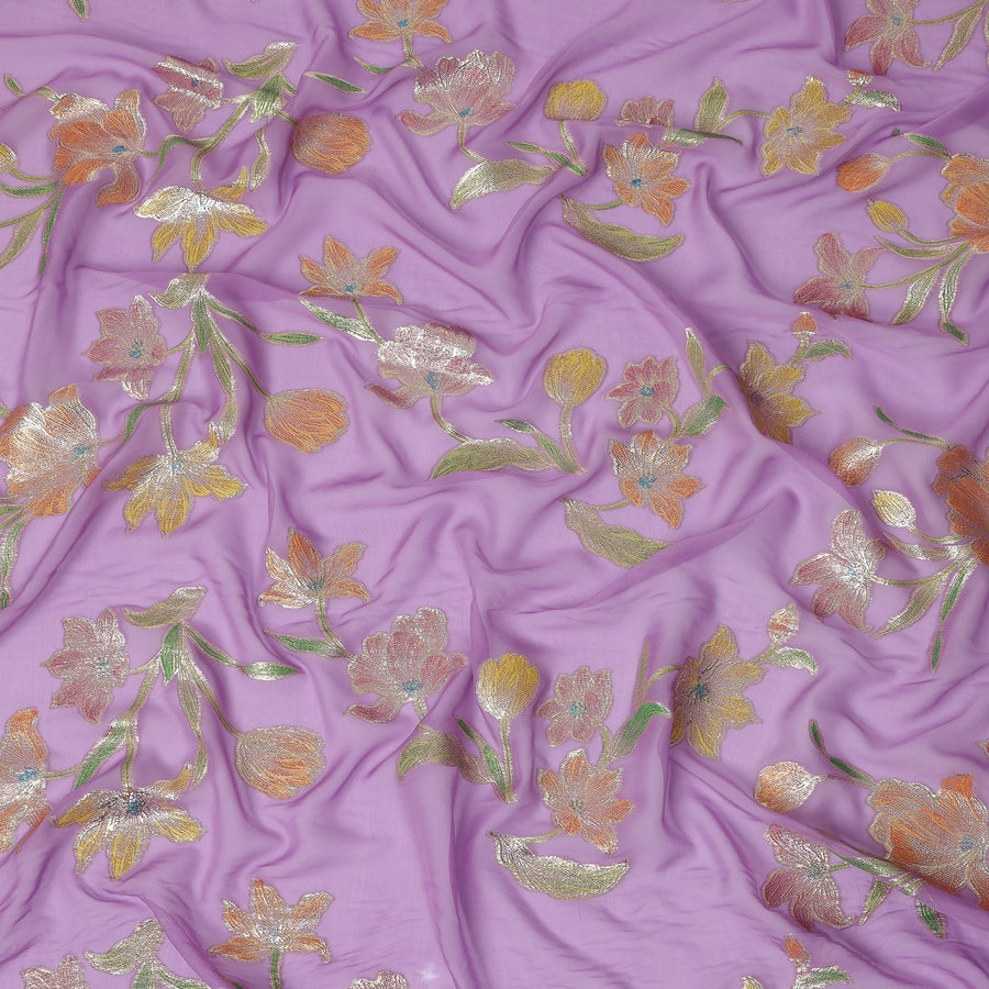 Lavender Floral Embroidered Metallic Lurex Design Premium Silk Chiffon Fabric, 110 Cms Width, Made in South Korea-D25751