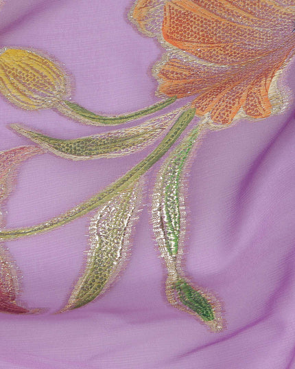 Lavender Floral Embroidered Metallic Lurex Design Premium Silk Chiffon Fabric, 110 Cms Width, Made in South Korea-D25751