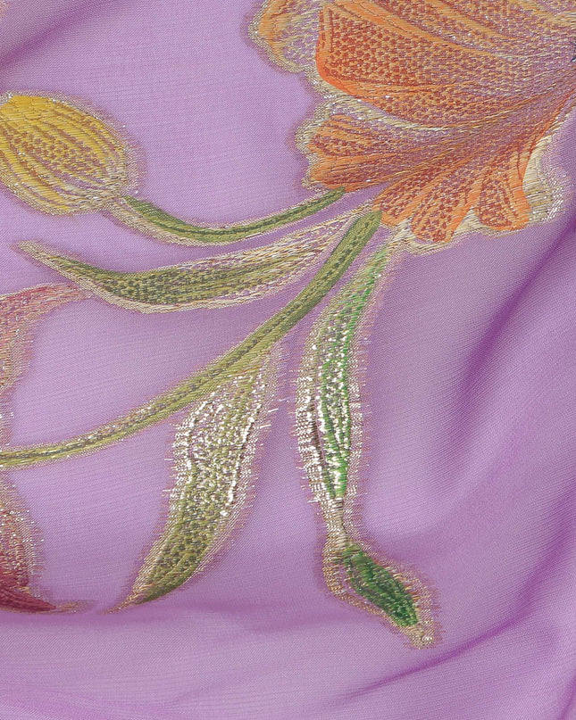 Lavender Floral Embroidered Metallic Lurex Design Premium Silk Chiffon Fabric, 110 Cms Width, Made in South Korea-D25751