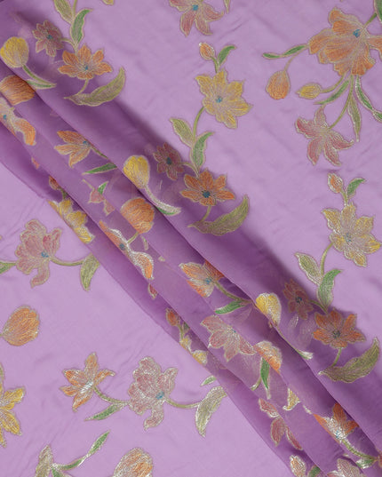 Lavender Floral Embroidered Metallic Lurex Design Premium Silk Chiffon Fabric, 110 Cms Width, Made in South Korea-D25751