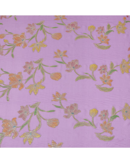 Lavender Floral Embroidered Metallic Lurex Design Premium Silk Chiffon Fabric, 110 Cms Width, Made in South Korea-D25751