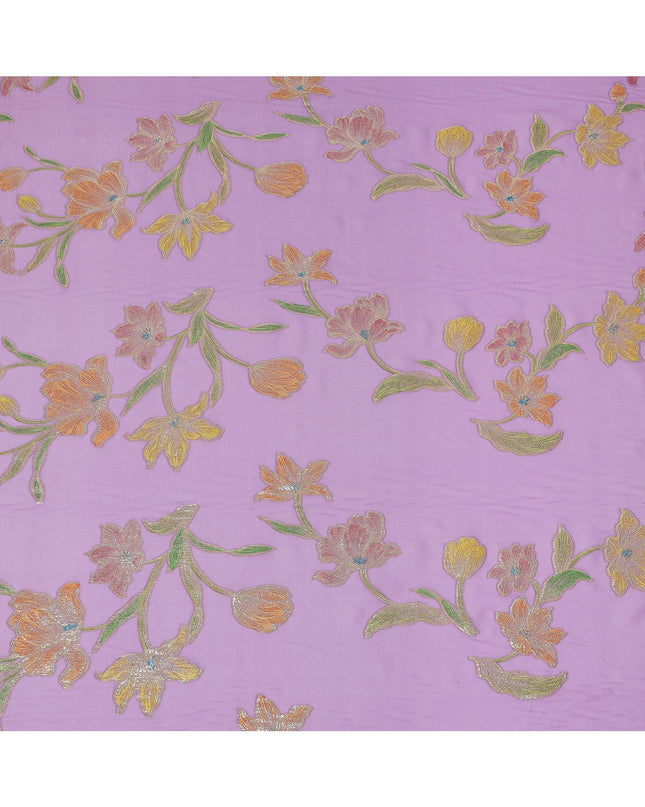 Lavender Floral Embroidered Metallic Lurex Design Premium Silk Chiffon Fabric, 110 Cms Width, Made in South Korea-D25751