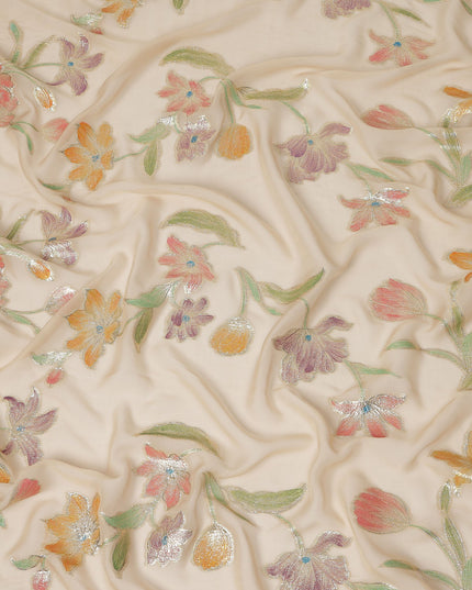 Beige Floral Embroidered Metallic Lurex Design Premium Silk Chiffon Fabric, 110 Cms Width, Made in South Korea-D25757
