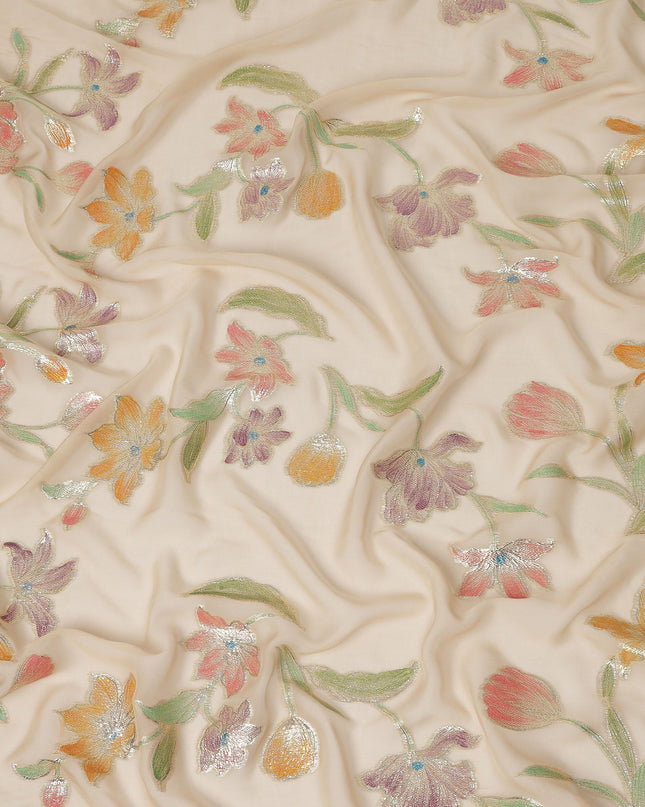 Beige Floral Embroidered Metallic Lurex Design Premium Silk Chiffon Fabric, 110 Cms Width, Made in South Korea-D25757