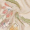 Beige Floral Embroidered Metallic Lurex Design Premium Silk Chiffon Fabric, 110 Cms Width, Made in South Korea-D25757