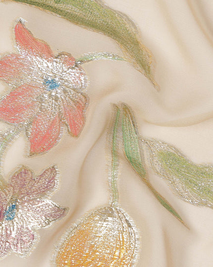 Beige Floral Embroidered Metallic Lurex Design Premium Silk Chiffon Fabric, 110 Cms Width, Made in South Korea-D25757