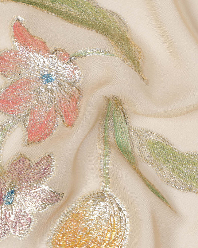 Beige Floral Embroidered Metallic Lurex Design Premium Silk Chiffon Fabric, 110 Cms Width, Made in South Korea-D25757