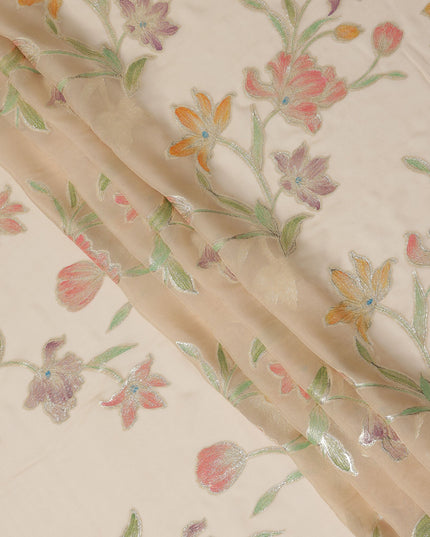 Beige Floral Embroidered Metallic Lurex Design Premium Silk Chiffon Fabric, 110 Cms Width, Made in South Korea-D25757