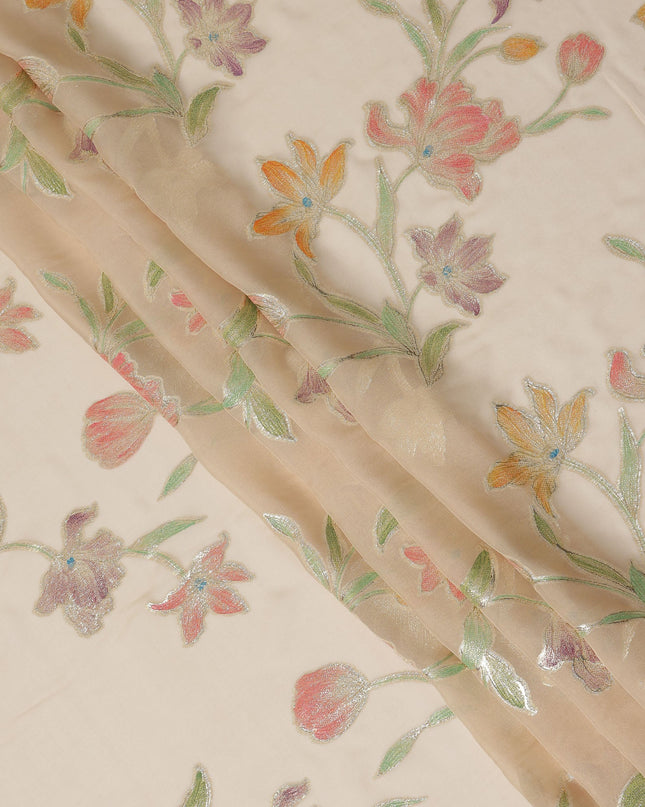 Beige Floral Embroidered Metallic Lurex Design Premium Silk Chiffon Fabric, 110 Cms Width, Made in South Korea-D25757