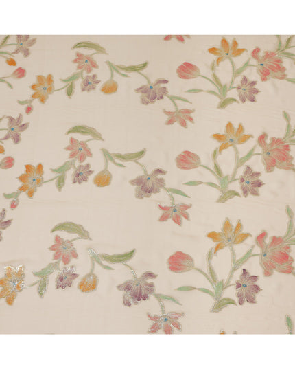 Beige Floral Embroidered Metallic Lurex Design Premium Silk Chiffon Fabric, 110 Cms Width, Made in South Korea-D25757