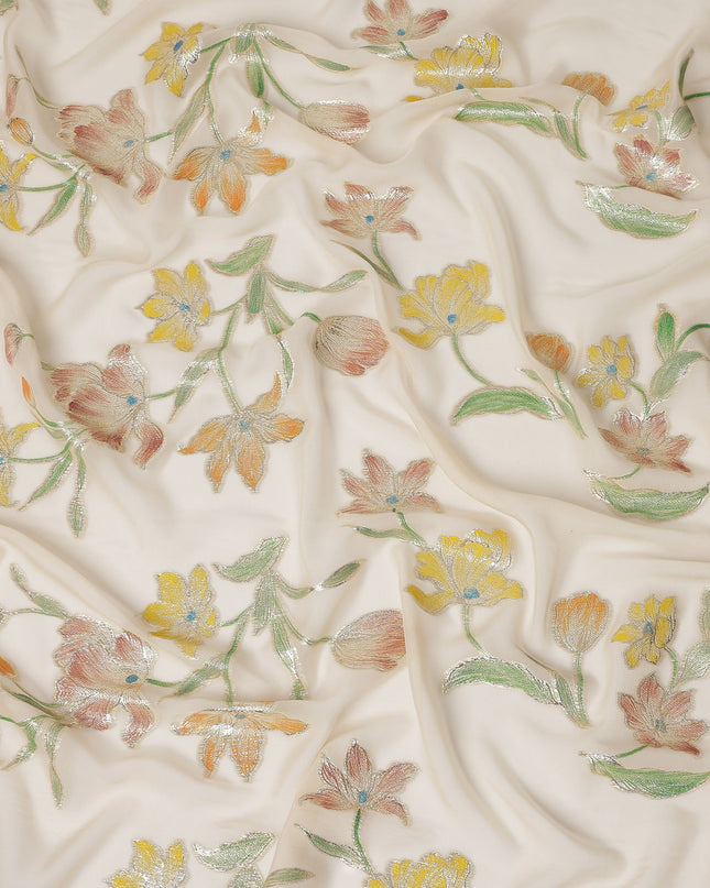 Ivory Floral Embroidered Metallic Lurex Design Premium Silk Chiffon Fabric, 110 Cms Width, Made in South Korea-D25756